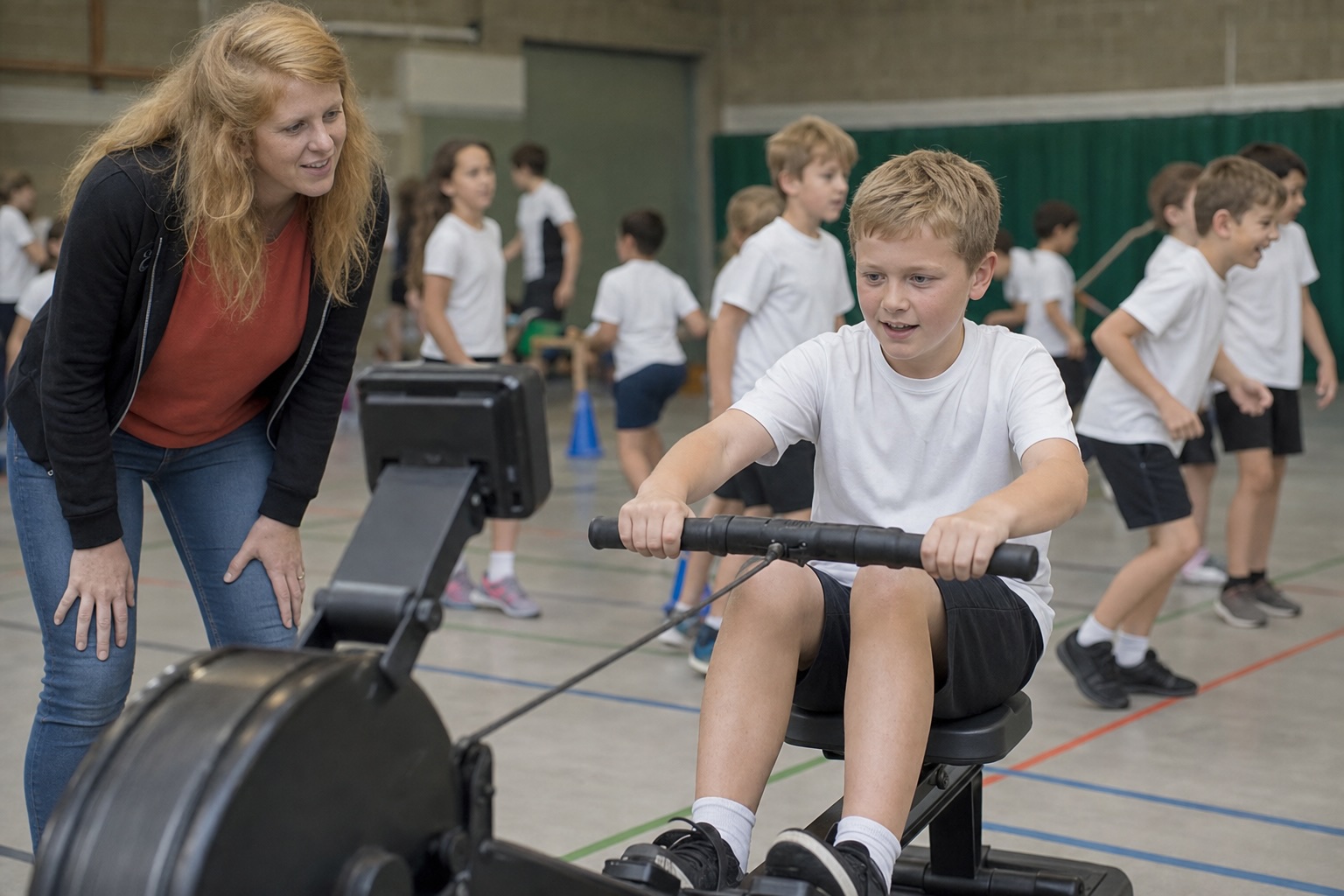 A teacher coaching a pupil on an indoor rowing machine in a school gym